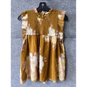 Unsubscribed Smocked Tank Chiffon Top Dark Tan Floral Ruffle Blouse 1195 Size 4